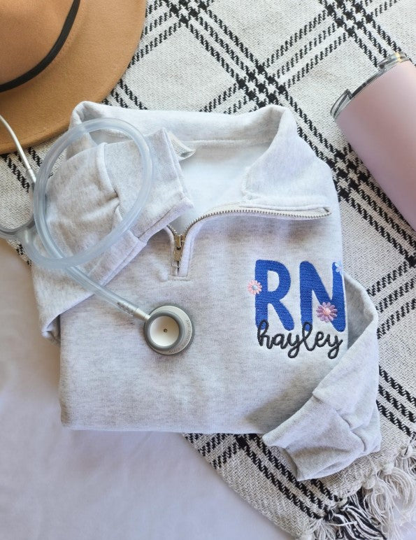 Floral RN Personalized Quarter Zip Sweatshirt