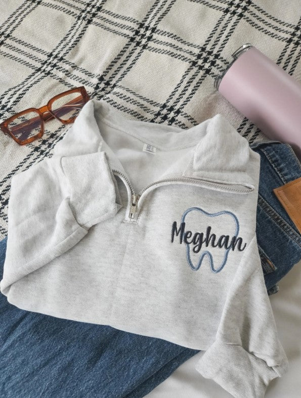 Tooth Outline Embroidered Name Quarter Zip Sweatshirt