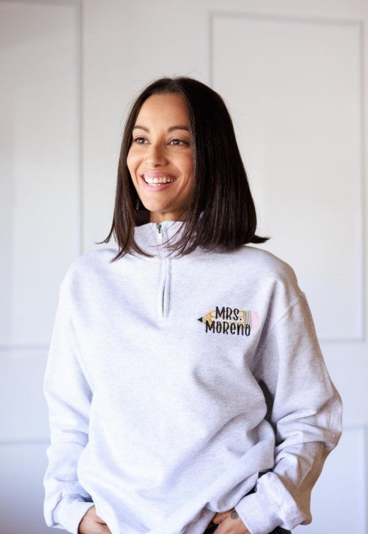Personalized Teacher Pencil Monogrammed Quarter Zip Sweatshirt