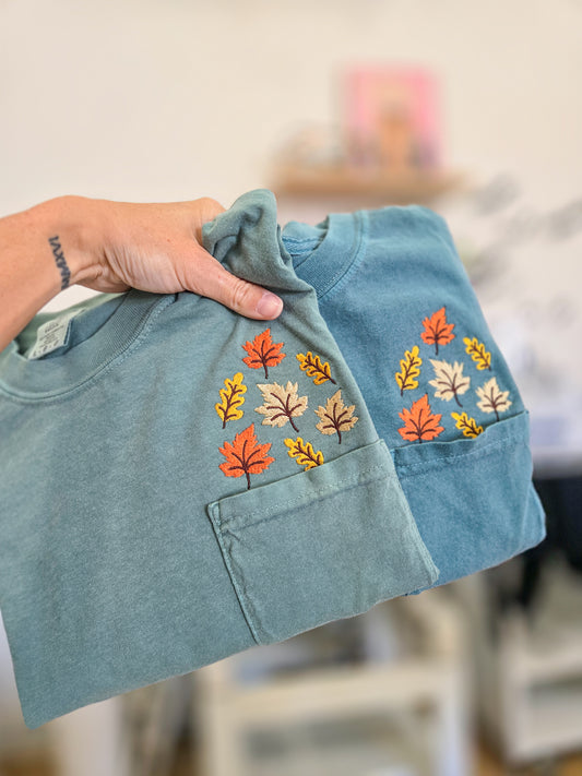 Leaves Embroidered Pocket TShirt