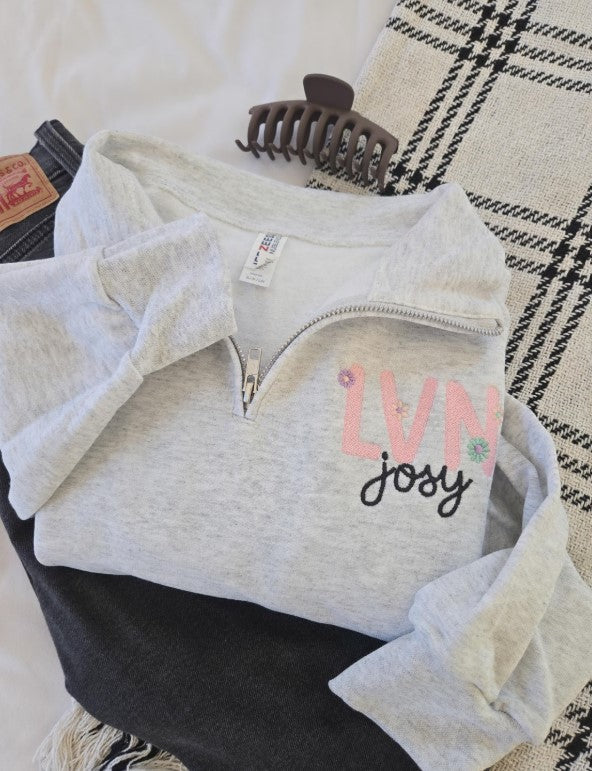 Floral RN Personalized Quarter Zip Sweatshirt