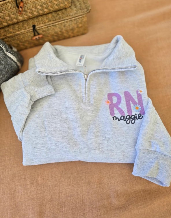 Floral RN Personalized Quarter Zip Sweatshirt