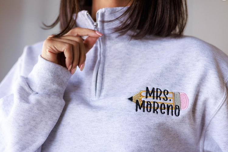 Personalized Teacher Pencil Monogrammed Quarter Zip Sweatshirt