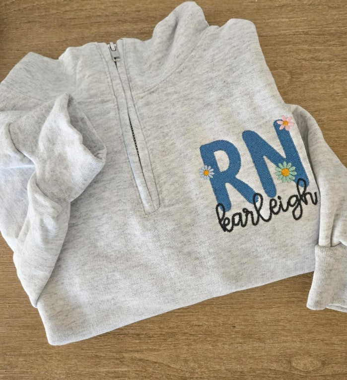 Floral RN Personalized Quarter Zip Sweatshirt