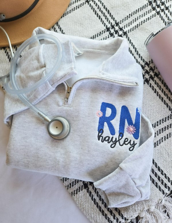 Floral RN Personalized Quarter Zip Sweatshirt
