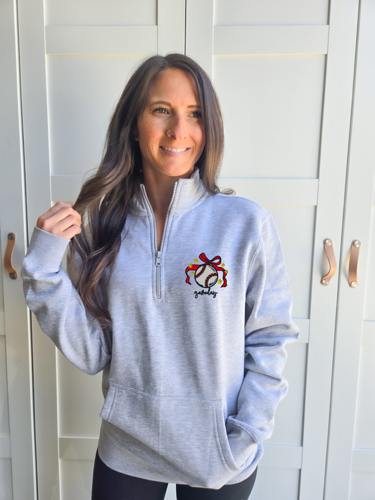 Baseball Bow Gameday Embroidered Pocketed Quarter Zip Sweatshirt