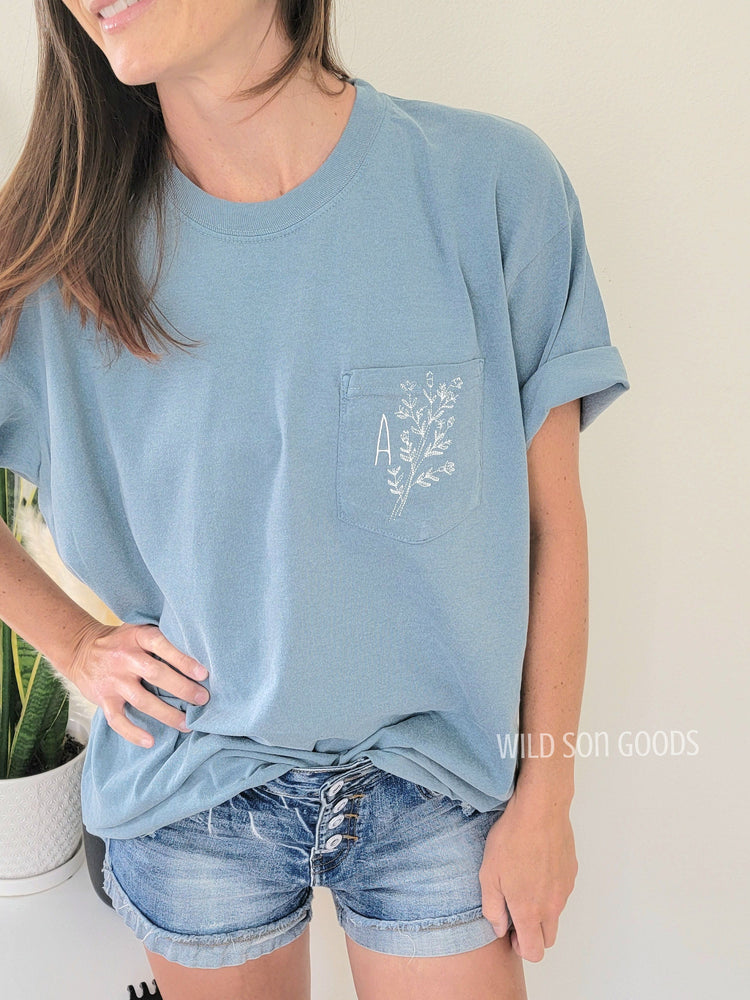 Single Intial Floral Pocket T-Shirt
