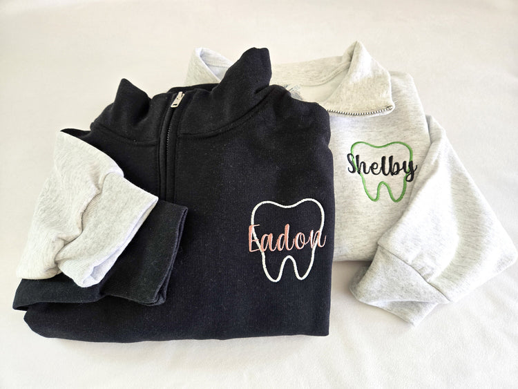 Tooth Outline Embroidered Name Quarter Zip Sweatshirt
