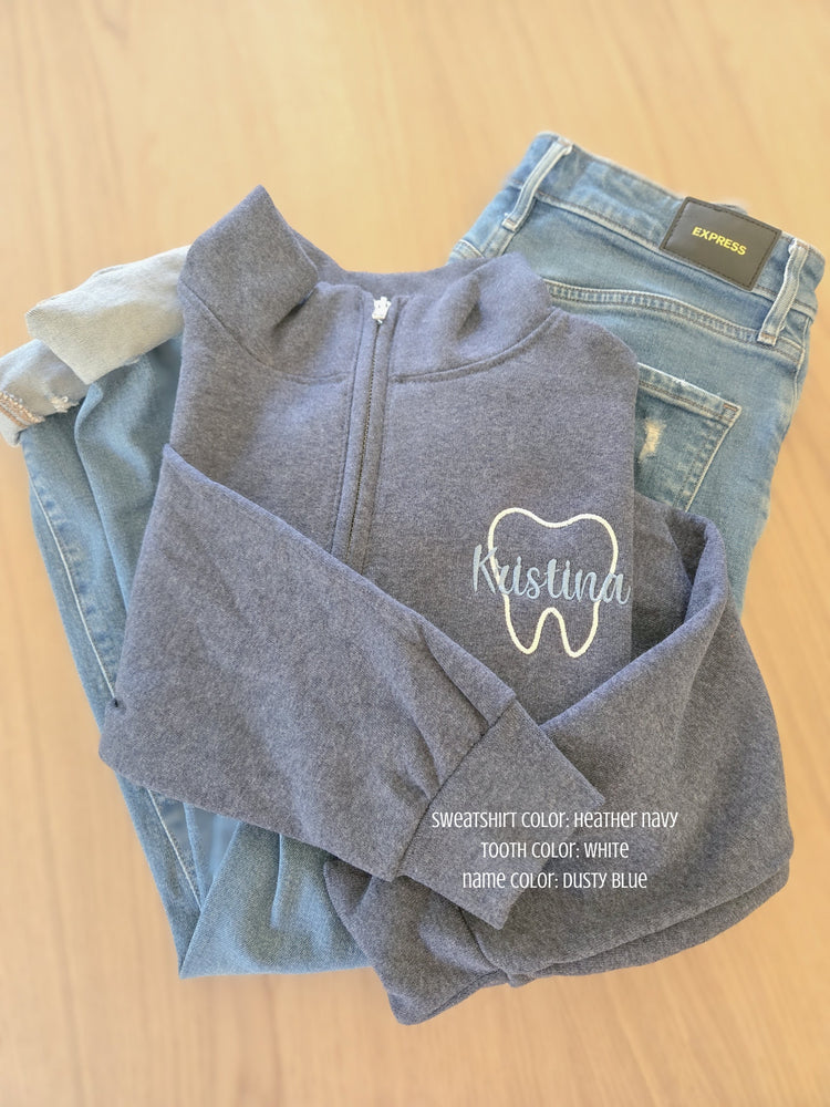Tooth Outline Embroidered Name Quarter Zip Sweatshirt