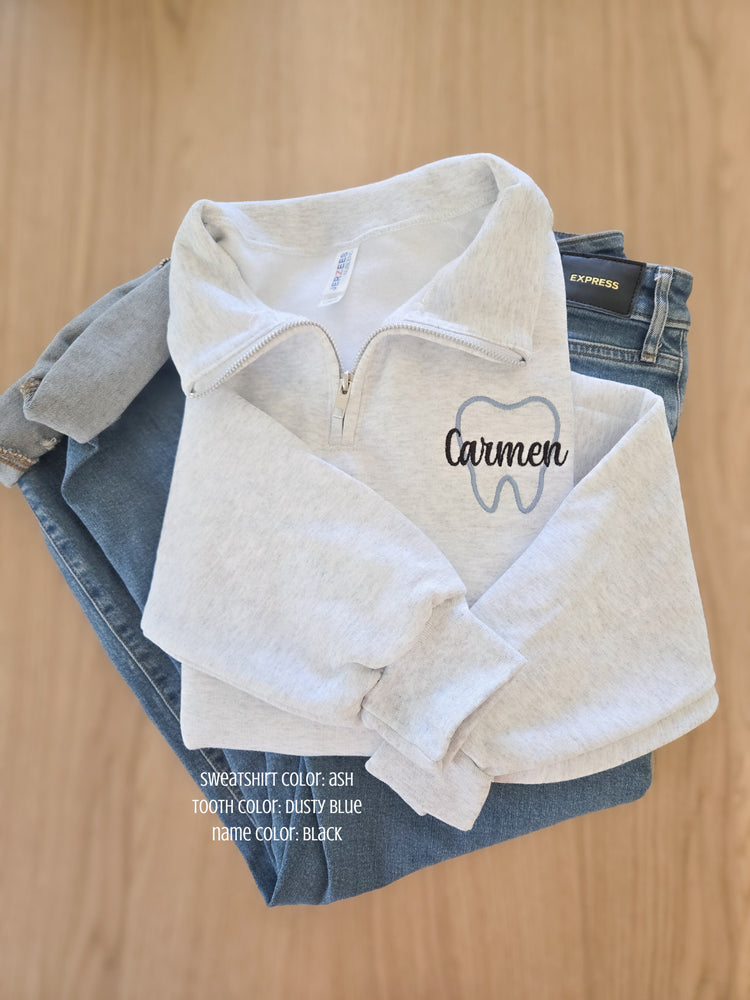 Tooth Outline Embroidered Name Quarter Zip Sweatshirt