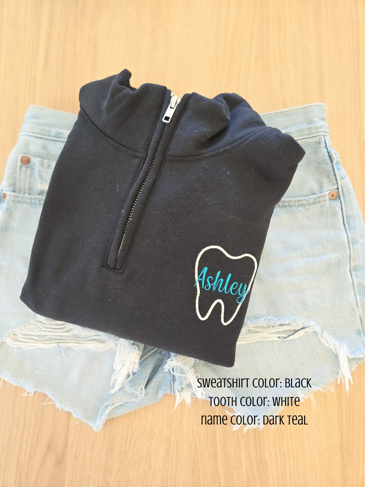 Tooth Outline Embroidered Name Quarter Zip Sweatshirt
