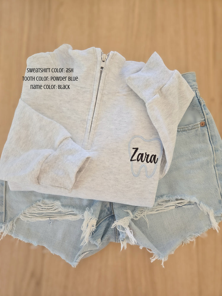 Tooth Outline Embroidered Name Quarter Zip Sweatshirt
