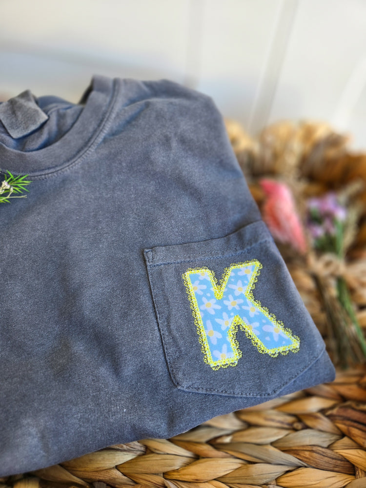 Floral Lace Applique Initial Pocketed Comfort Colors Tshirt