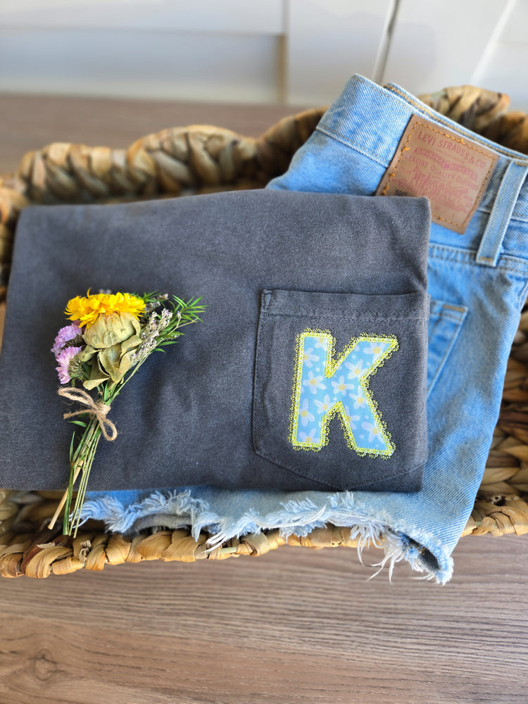 Floral Lace Applique Initial Pocketed Comfort Colors Tshirt