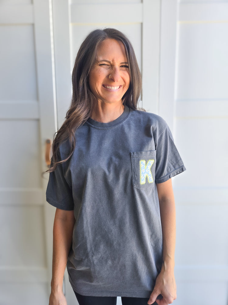 Floral Lace Applique Initial Pocketed Comfort Colors Tshirt