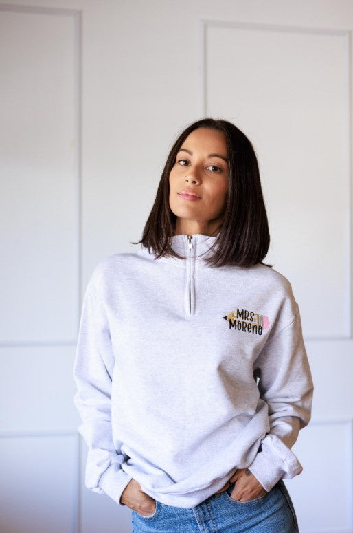 Personalized Teacher Pencil Monogrammed Quarter Zip Sweatshirt