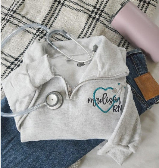 Nurse Heart Stethoscope Quarter Zip Sweater