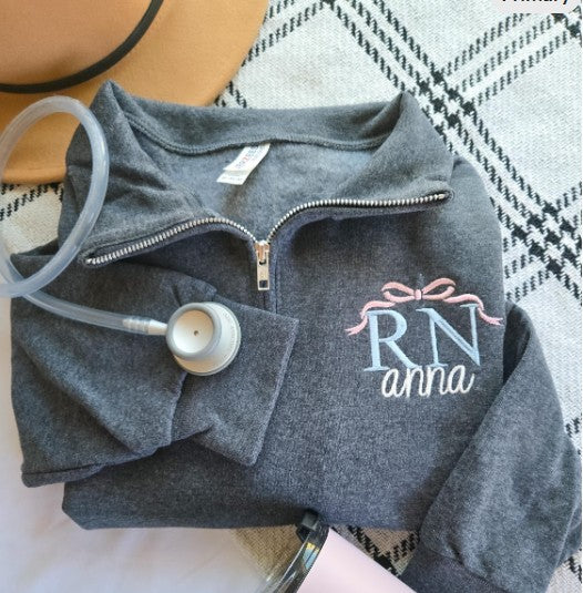 Nurse Bow Quarter Zip Embroidered Sweatshirt