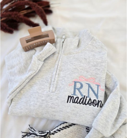 Nurse Bow Quarter Zip Embroidered Sweatshirt