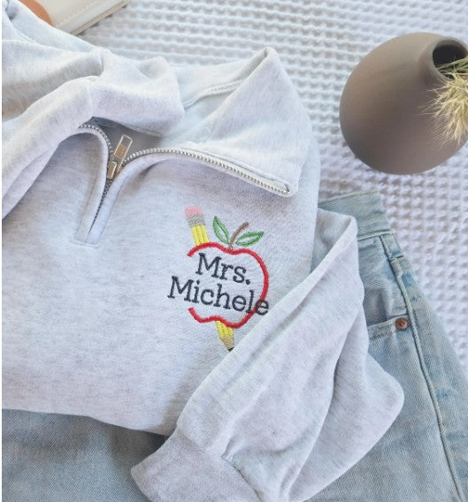 Custom Teacher Apple Pencil Monogram Embroidered Quarter Zip Sweatshirt