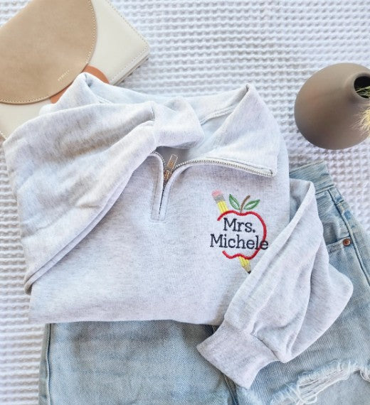 Custom Teacher Apple Pencil Monogram Embroidered Quarter Zip Sweatshirt