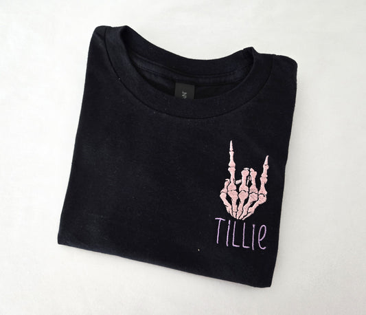 Kids Rock 'n' Roll Skeleton Hand T-Shirt with Name Embroidery